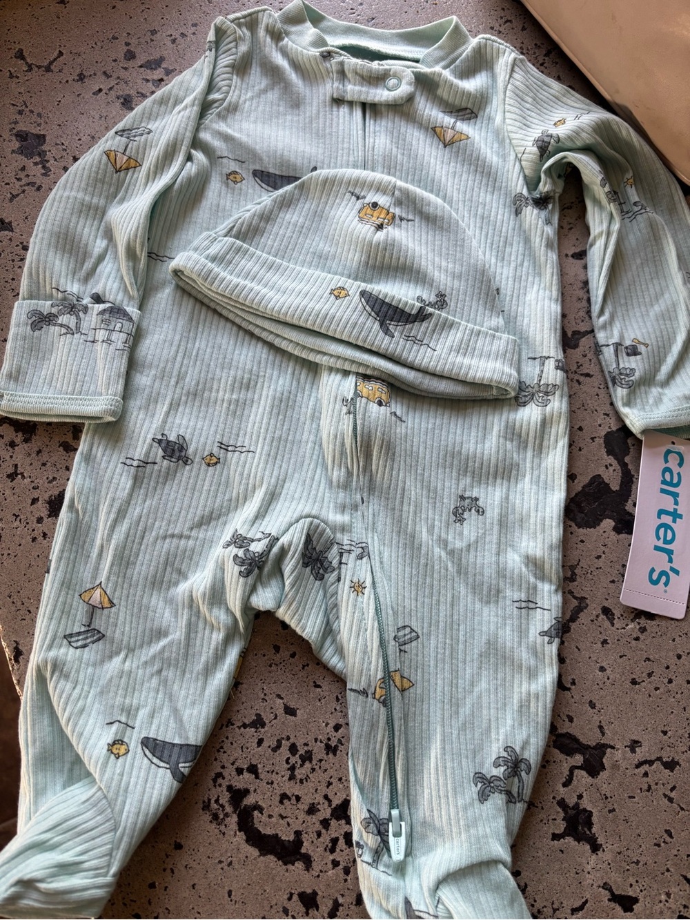 Carter's Mint Green Ribbed Footie One-Piece with Matching Hat